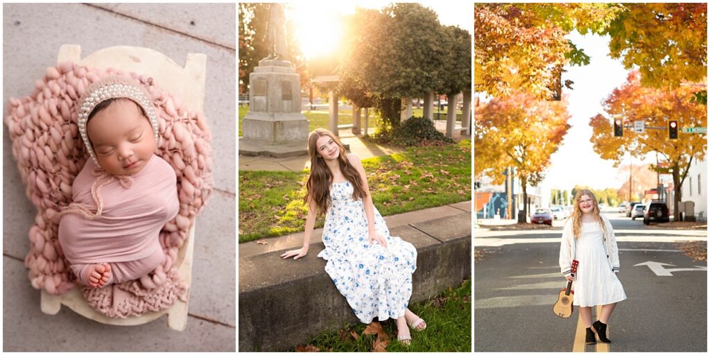 3 photographs of different subjects. 1 is a newborn in pink, 1 is a senior girl at sunset and 1 is a girl on a city street.